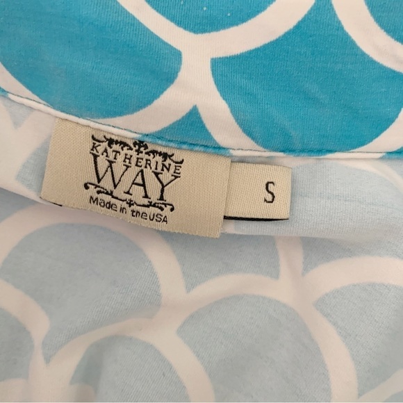 Katherine Way Scallop Print Dress Small Collared Sleeveless Aqua White - Picture 4 of 6